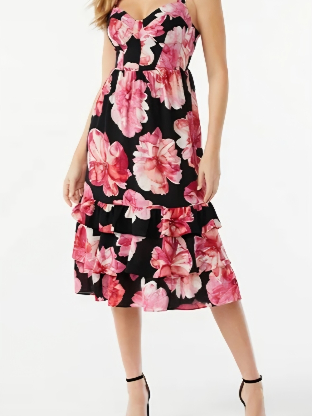 NWT Sofia Vergara Romantic Ruffled Bustier Tiered Pink Floral Midi Dress S